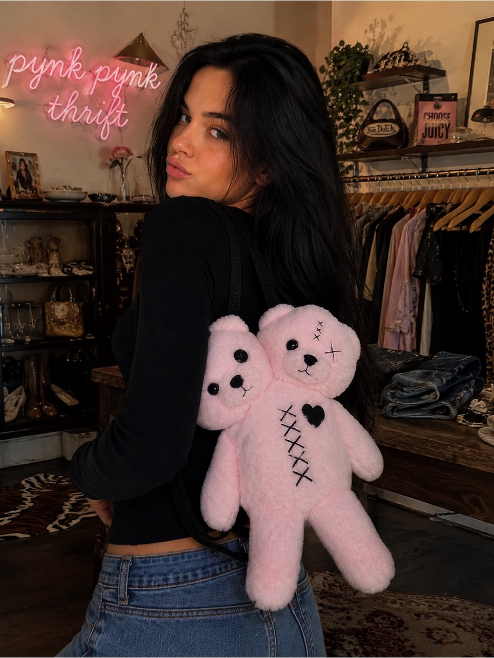 Hot Topic Pink Plush Double Bear Backpack - Picture 3 of 7